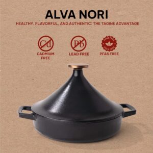 Alva Nori Enameled Cast Iron Tagine Pot Scratch Resistant Non Toxic Cone Lid Bronze Knob 11" PFAS, PFOA & PFTE Free, Cooking Pot, Cast Iron Cookware, Oven Safe, Durable Enamel Coating