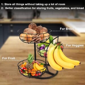 Livabber Fruit Basket Bowl with Banana Hanger, Fruit Vegetable Storage Basket with Banana Tree Holder for Kitchen Counter, Detachable Organizer for Bread Snack Produce (Black, 3-Tier Metal Base)