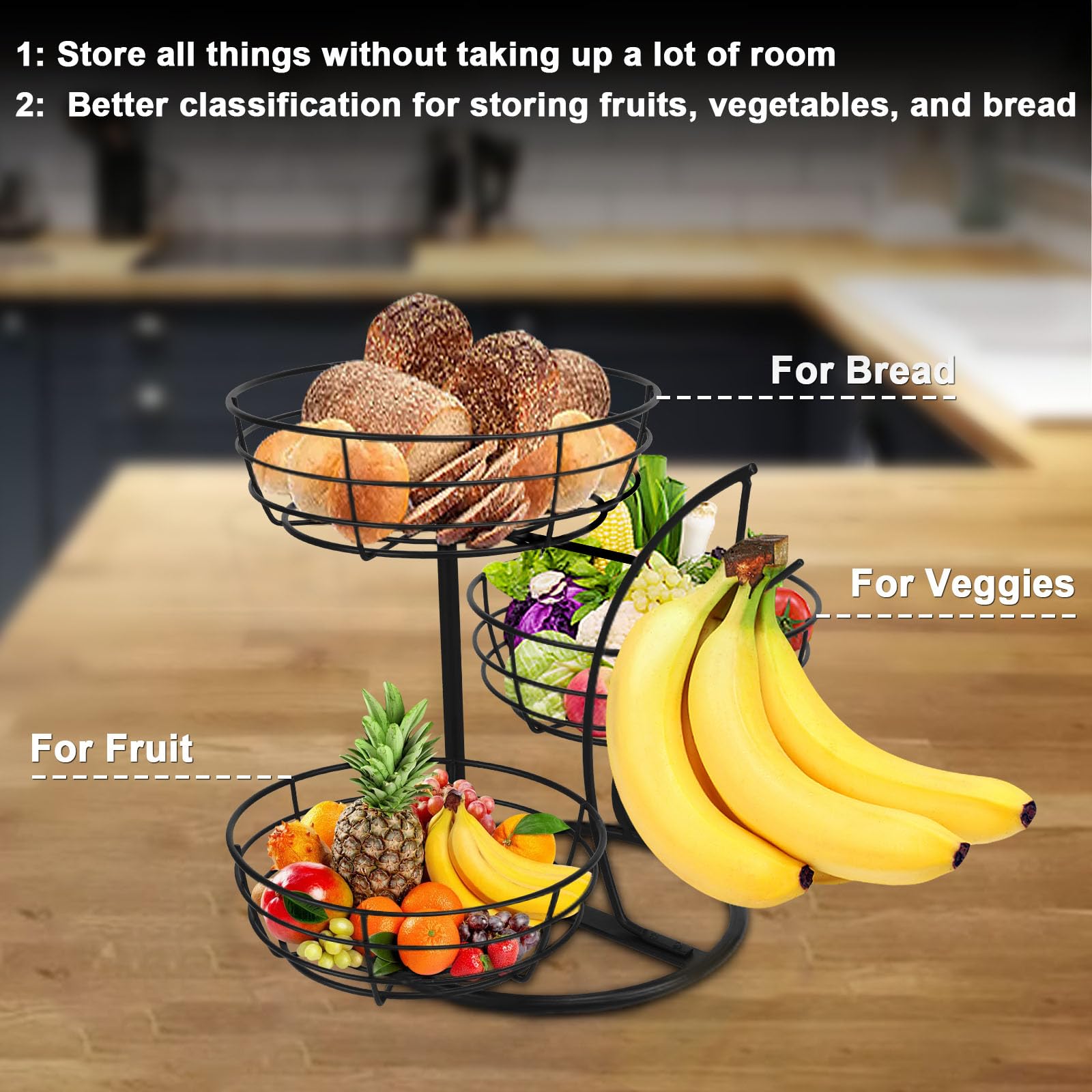 Livabber Fruit Basket Bowl with Banana Hanger, Fruit Vegetable Storage Basket with Banana Tree Holder for Kitchen Counter, Detachable Organizer for Bread Snack Produce (Black, 3-Tier Metal Base)