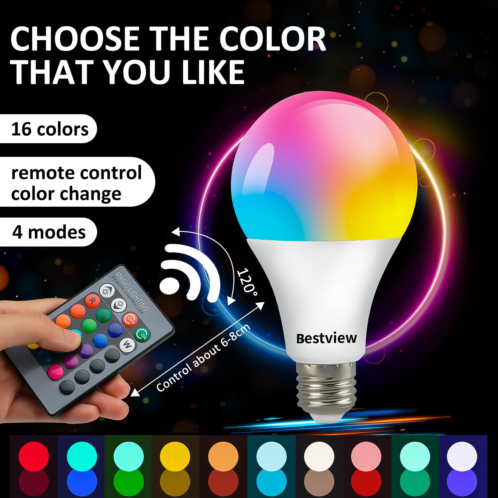 Bestview RGB LED Light Bulb, Color Changing Light Bulbs with Remote Control, RGBW Warm White 5W E27 Screw Base,Mood Light Flood E26 Light Bulb-16 Color Choices for Home Party Bedroom Outdoor(2 Pack)