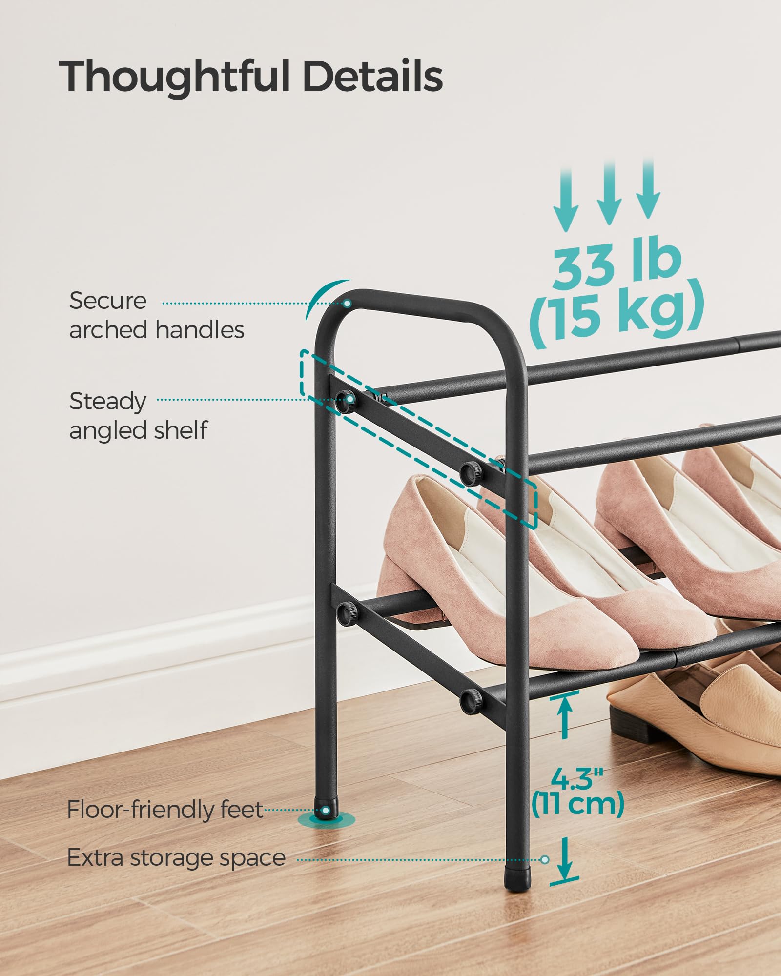 SONGMICS Expandable Shoe Rack, 2 Tier Shoe Rack Shelf, Adjustable Shoe Organizer Storage for 15 Pairs of Shoes, Metal Free Standing Shoe Racks for Closet, Front Door Entryway, Easy Assembly, Ink Black