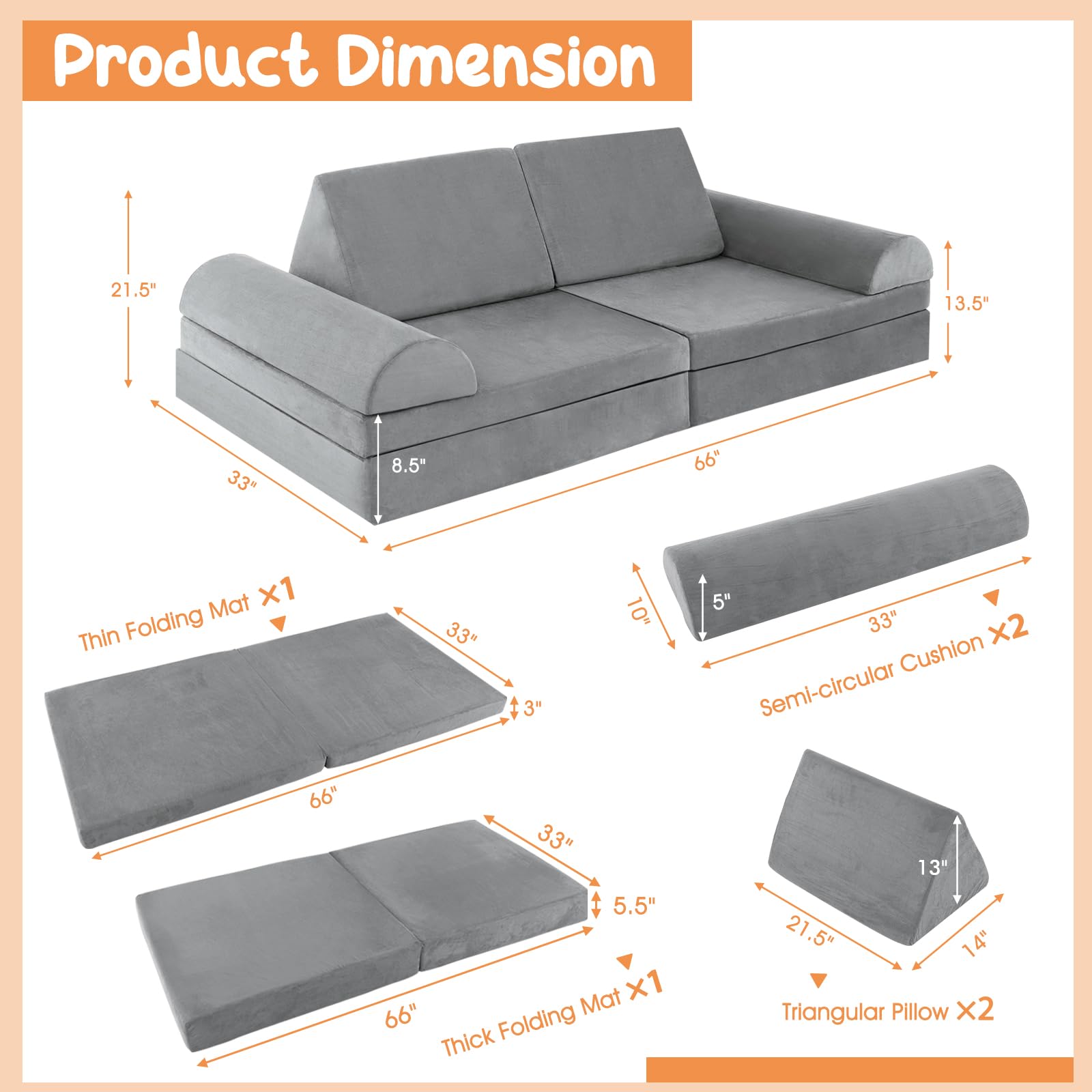 Costzon Kids Play Couch Sofa, Large Modular Folding Sofa Building Fort Playset with Handle, Machine-Washable Cover, Convertible Foam Cushion for Playroom Bedroom Boys Girls Gifts (8-Piece, Gray)