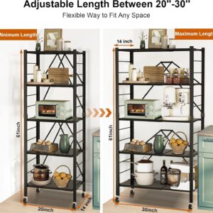 5 Tier Foldable Storage Shelves, Expandable Folding Shelving Units with Wheels, Changeable into 2 Shelf Units, Collapsible Adjustable Storage Rack Metal Shelves for Storage, Pantry, Garage, Kitchen