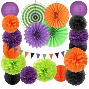 black purple orange-green halloween party-decorations - 20pcs paper lanterns fans,tissue pom poms,honeycomb balls,hotel transylvania hocus pocus birthday baby bridal shower wedding decor burgleda