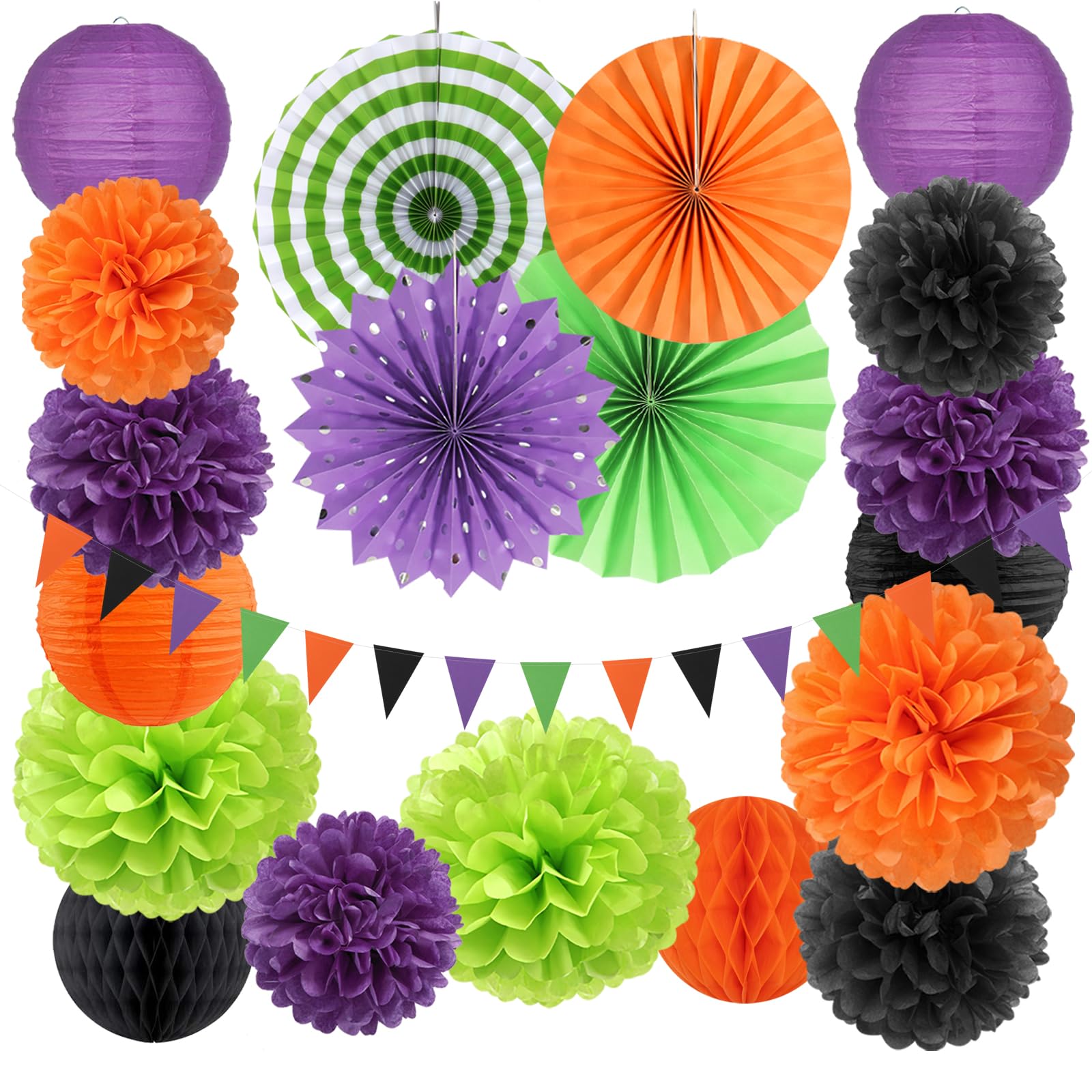 Black Purple Orange-Green Halloween Party-Decorations - 20pcs Paper Lanterns Fans,Tissue Pom Poms,Honeycomb Balls,Hotel Transylvania Hocus Pocus Birthday Baby Bridal Shower Wedding Decor Burgleda