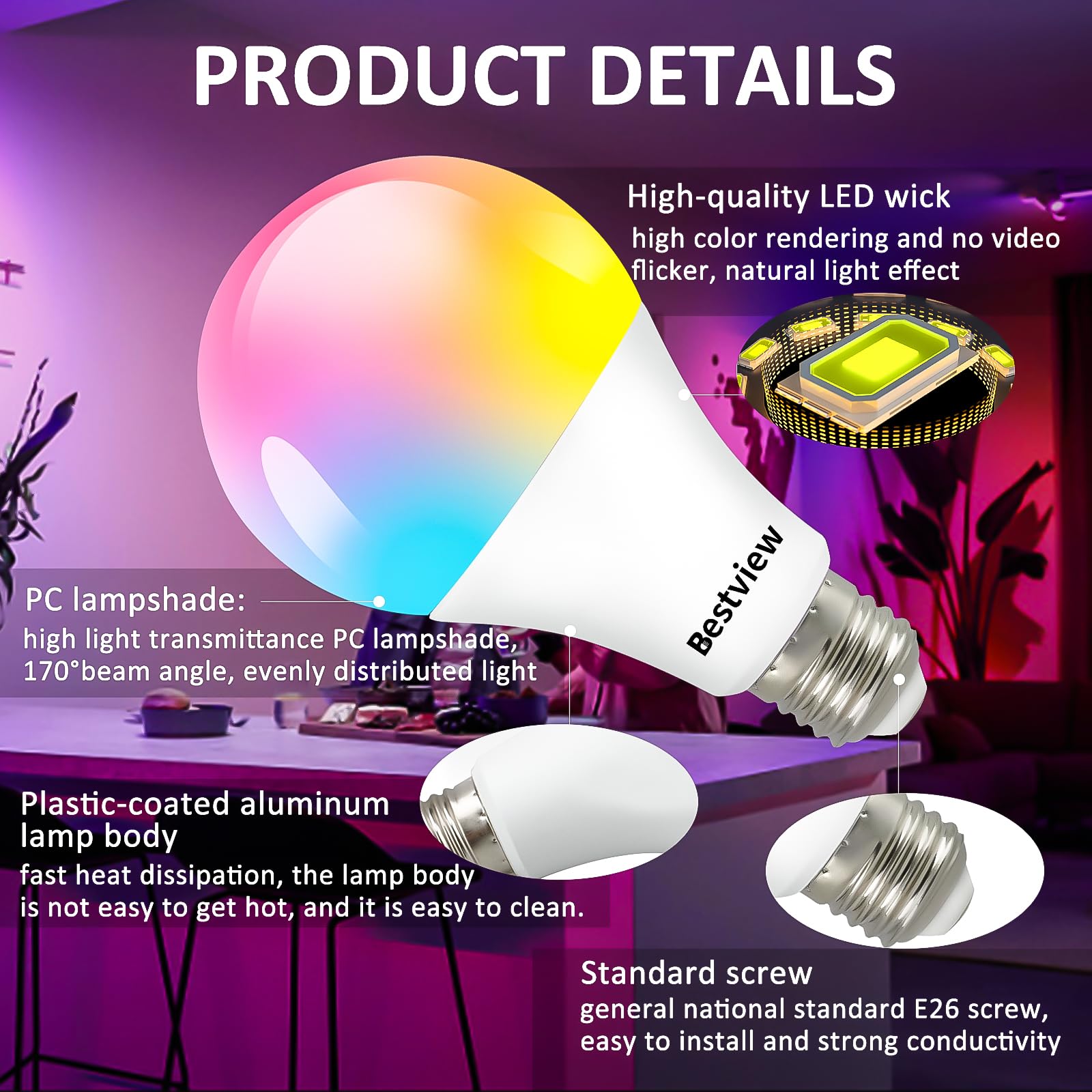 Bestview RGB LED Light Bulb, Color Changing Light Bulbs with Remote Control, RGBW Warm White 5W E27 Screw Base,Mood Light Flood E26 Light Bulb-16 Color Choices for Home Party Bedroom Outdoor(2 Pack)