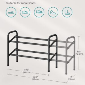 SONGMICS Expandable Shoe Rack, 2 Tier Shoe Rack Shelf, Adjustable Shoe Organizer Storage for 15 Pairs of Shoes, Metal Free Standing Shoe Racks for Closet, Front Door Entryway, Easy Assembly, Ink Black