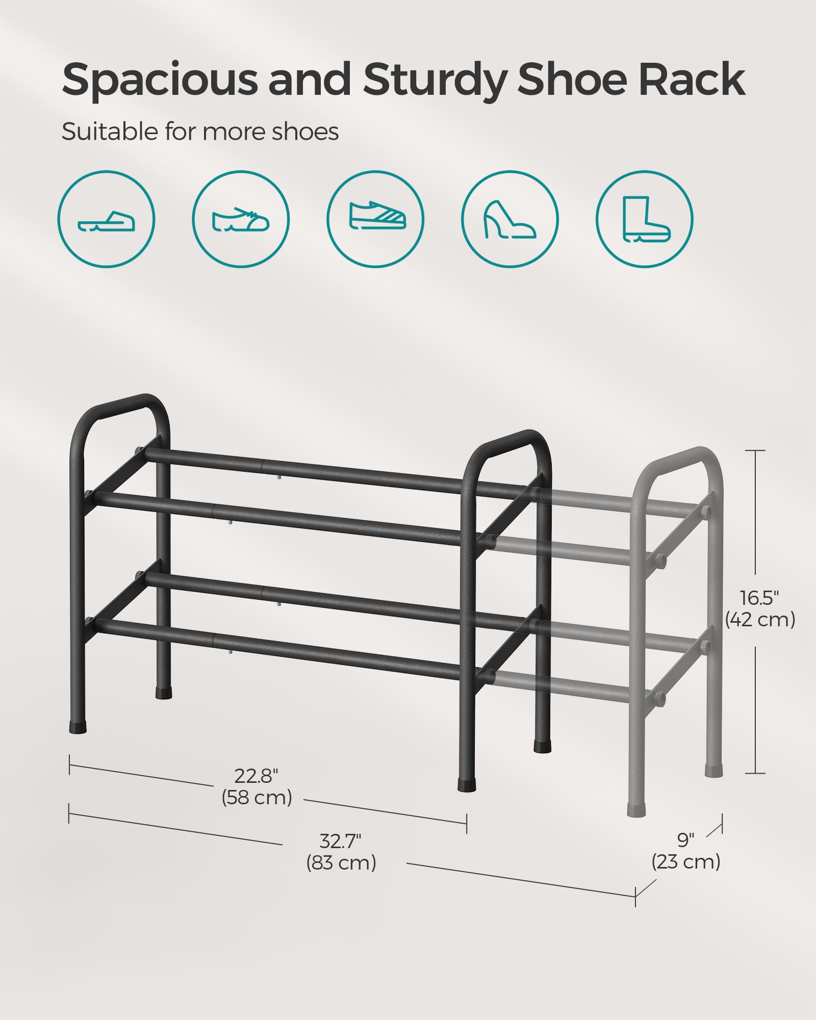 SONGMICS Expandable Shoe Rack, 2 Tier Shoe Rack Shelf, Adjustable Shoe Organizer Storage for 15 Pairs of Shoes, Metal Free Standing Shoe Racks for Closet, Front Door Entryway, Easy Assembly, Ink Black