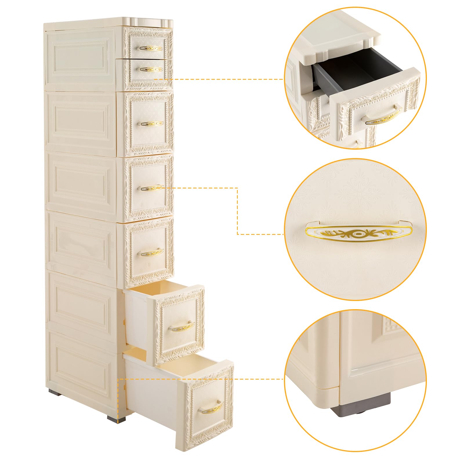 6Tier Bathroom Floor Cabinet, Vertical Storage Unit with Drawers and Casters for Kitchen Living Room, Large Capacity Narrow Tall Slim Tower Waterproof Toilet Paper Cabinet for Small Spaces Gaps