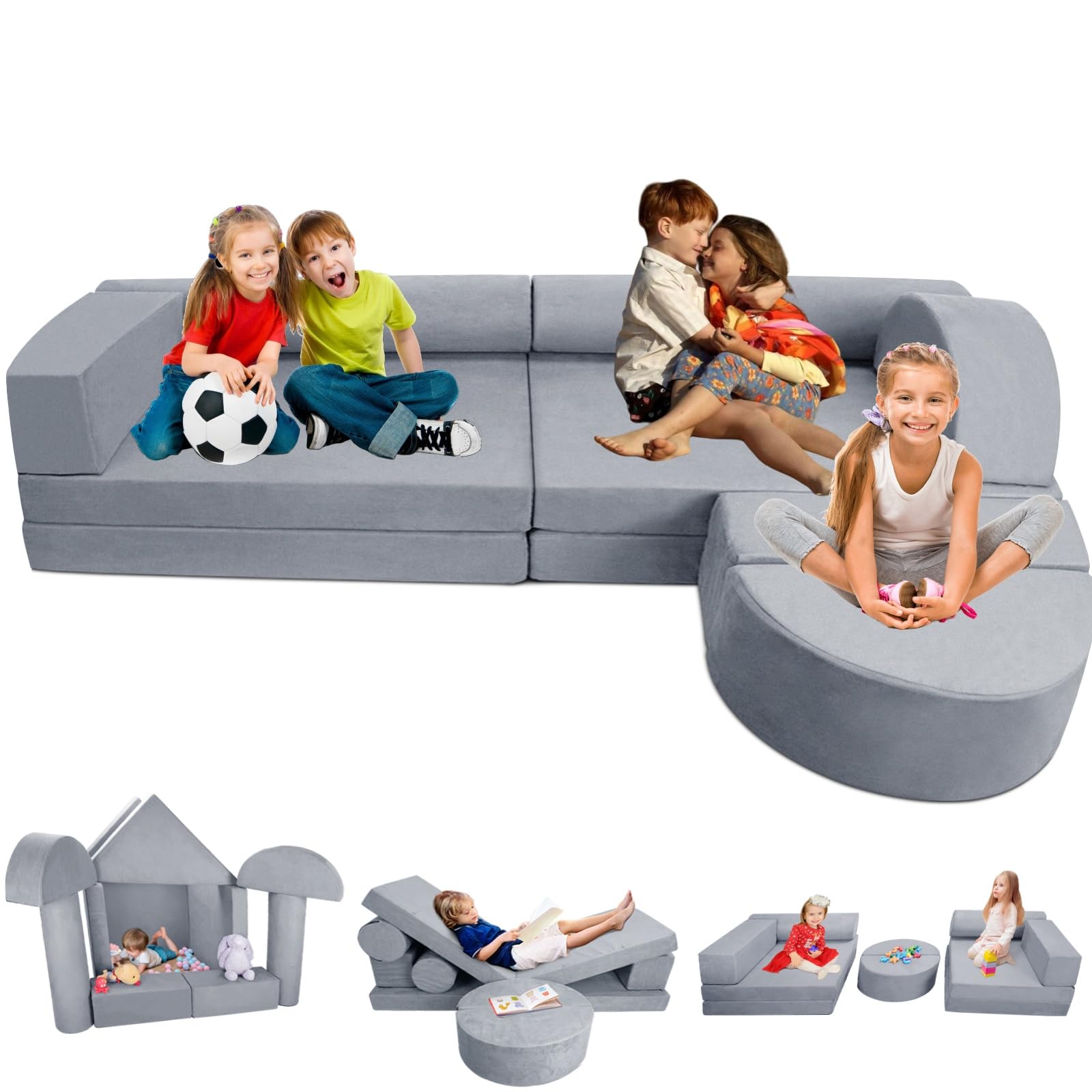 DREAMANIA Modular Play Couch for Kids Toddler Teens, Premium Kids Sofa for Boys Girls, Ideal DIY Gift for Creativing Playroom Couch for Playroom Bedroom Nursery, Grey