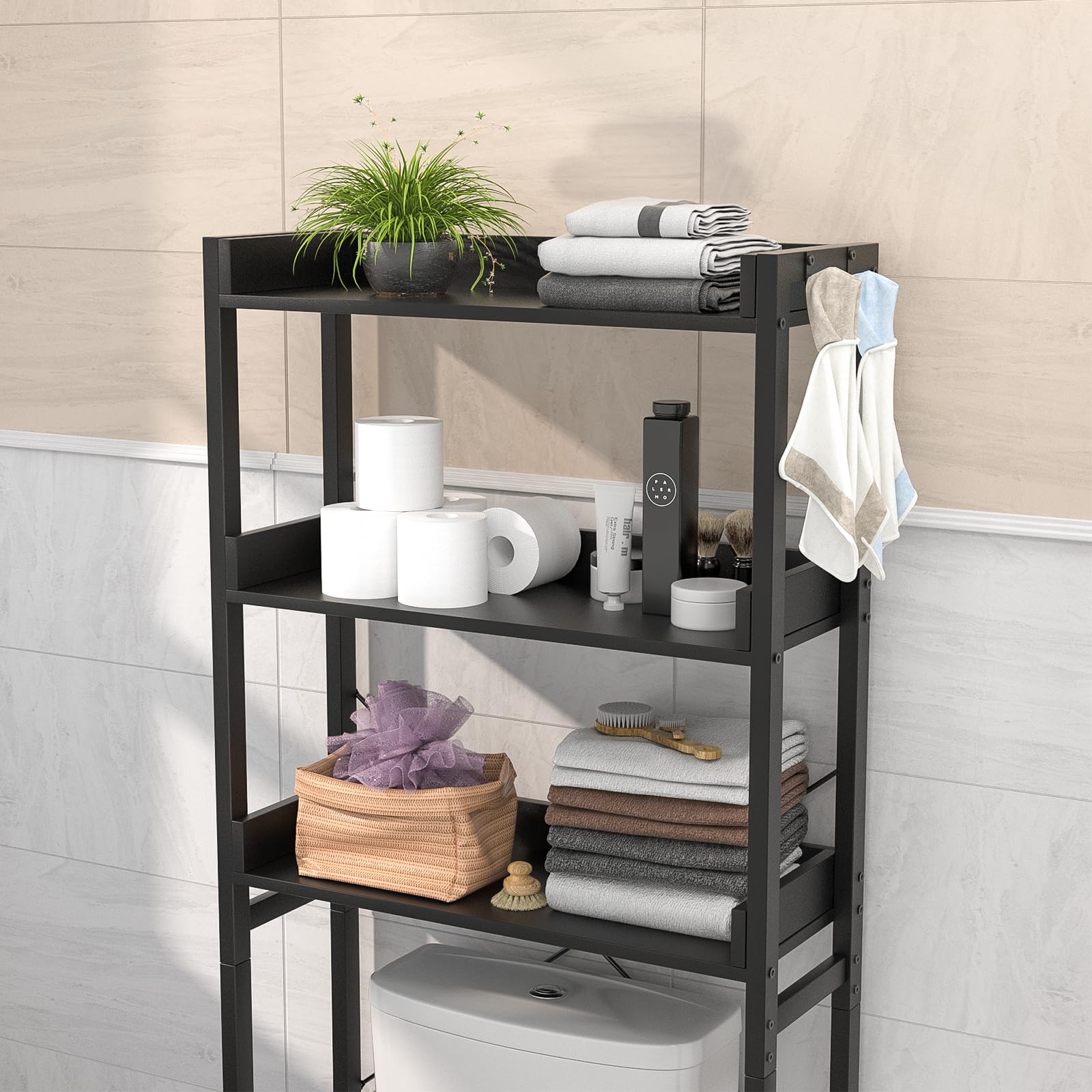 Ecoprsio Over-The-Toilet Storage Rack, 3-Tier Bathroom Organizer Shelf Over Toilet, Freestanding Space Saver Toilet Stands with 4 Hooks, Black