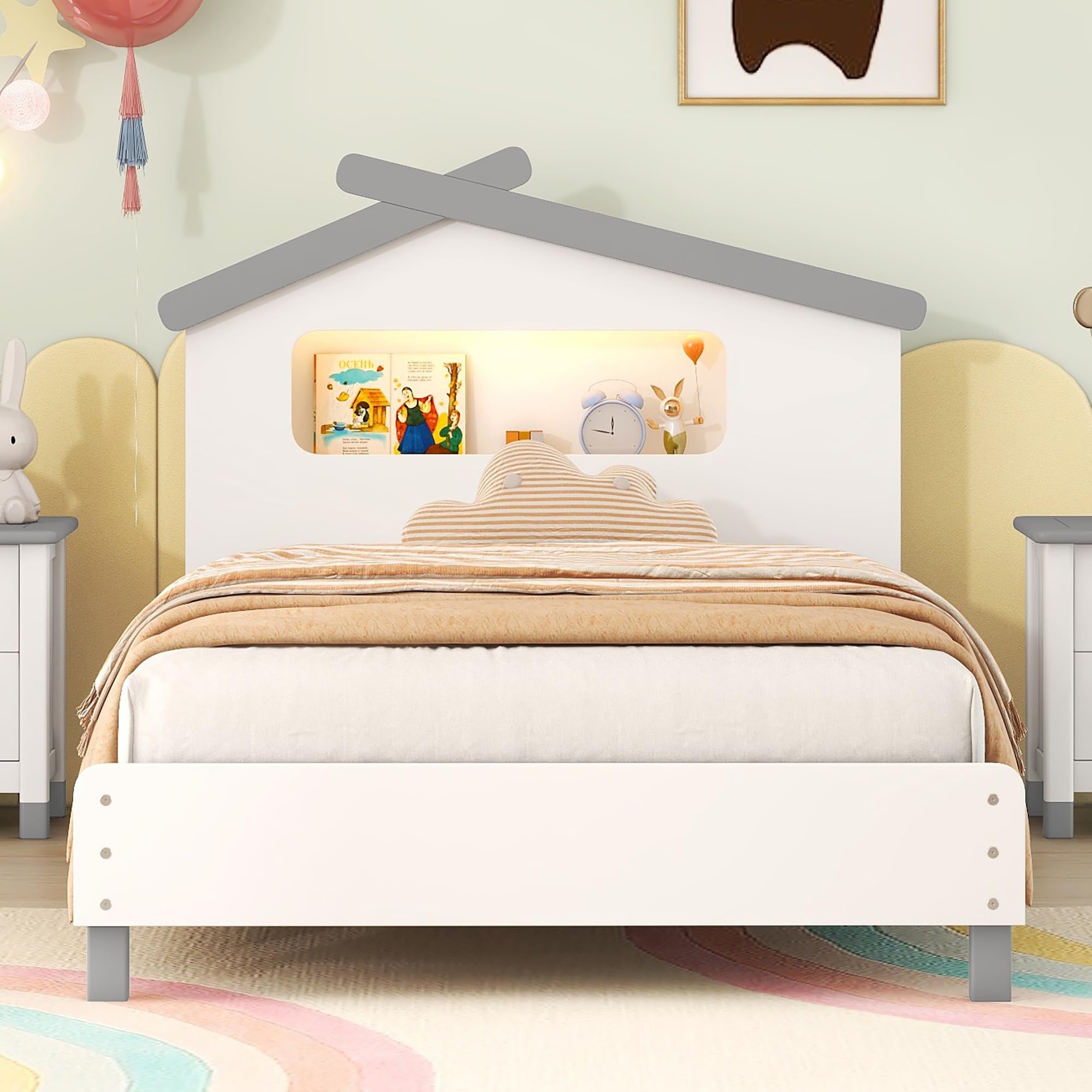 Bellemave Twin Size Platform Bed with House-Shaped Headboard and Motion Activated Night Lights,Wood Twin Kids Bed Frame for Teens, Girls,Boys(Twin,White)