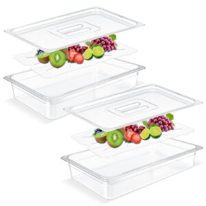 zhehao 2 pack full size pet food pans set 4'' deep clear hotel pans with lids and food pan drain shelf food storage containers for kitchen fruit vegetable restaurant supplies, 20.87 x 12.8 inches