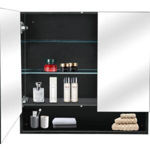 HESONTH Farmhouse Black Metal Framed Surface Mounted Bathroom Medicine Cabinet with Mirror Rectangle Vanity Mirros Cabinet for Wall with Double Doors