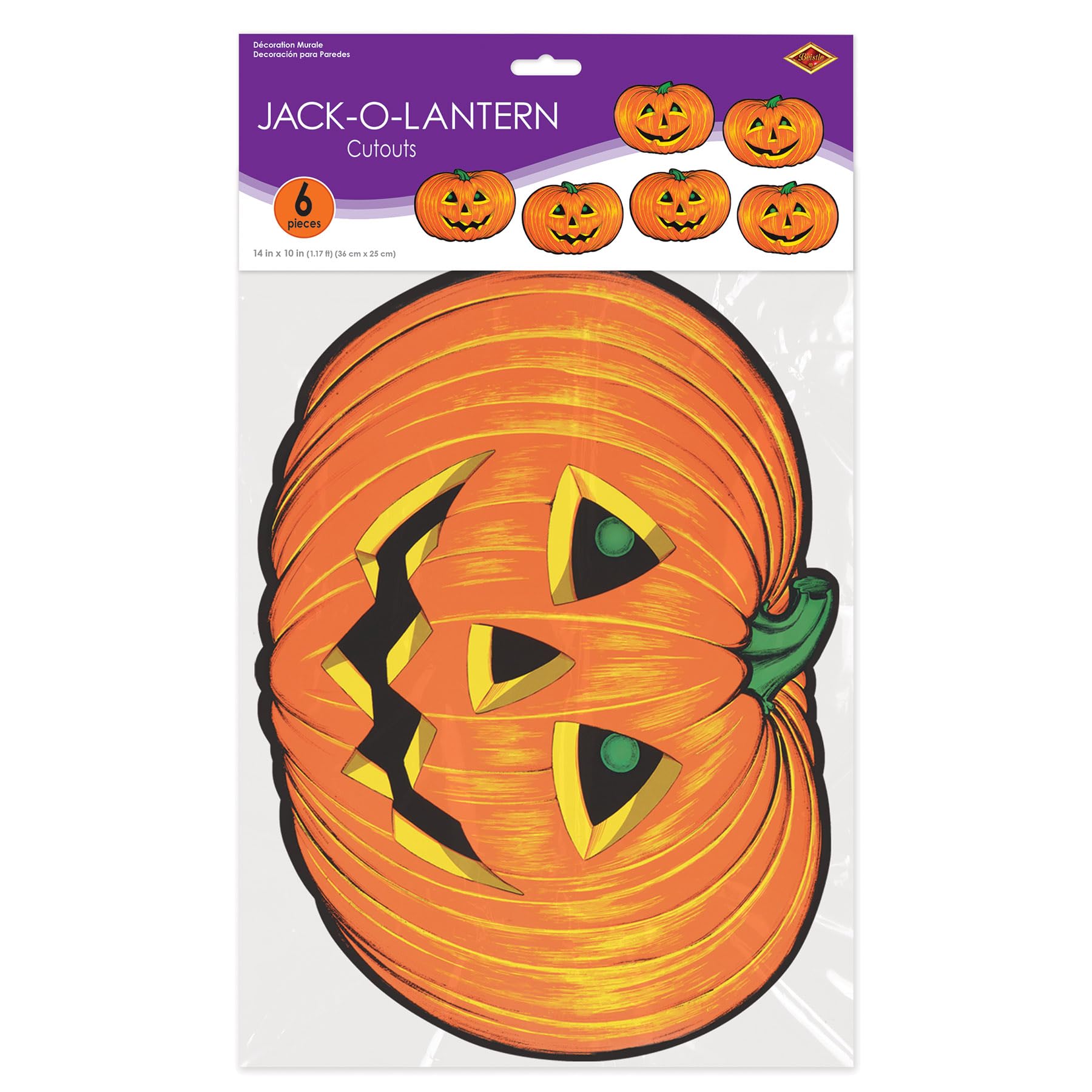 Beistle 6 Piece Paper Jack-O-Lantern Cut Outs Halloween Party Decorations, Fall Décor, Made in USA Since 1900, 10" x 14", Orange/Yellow/Green