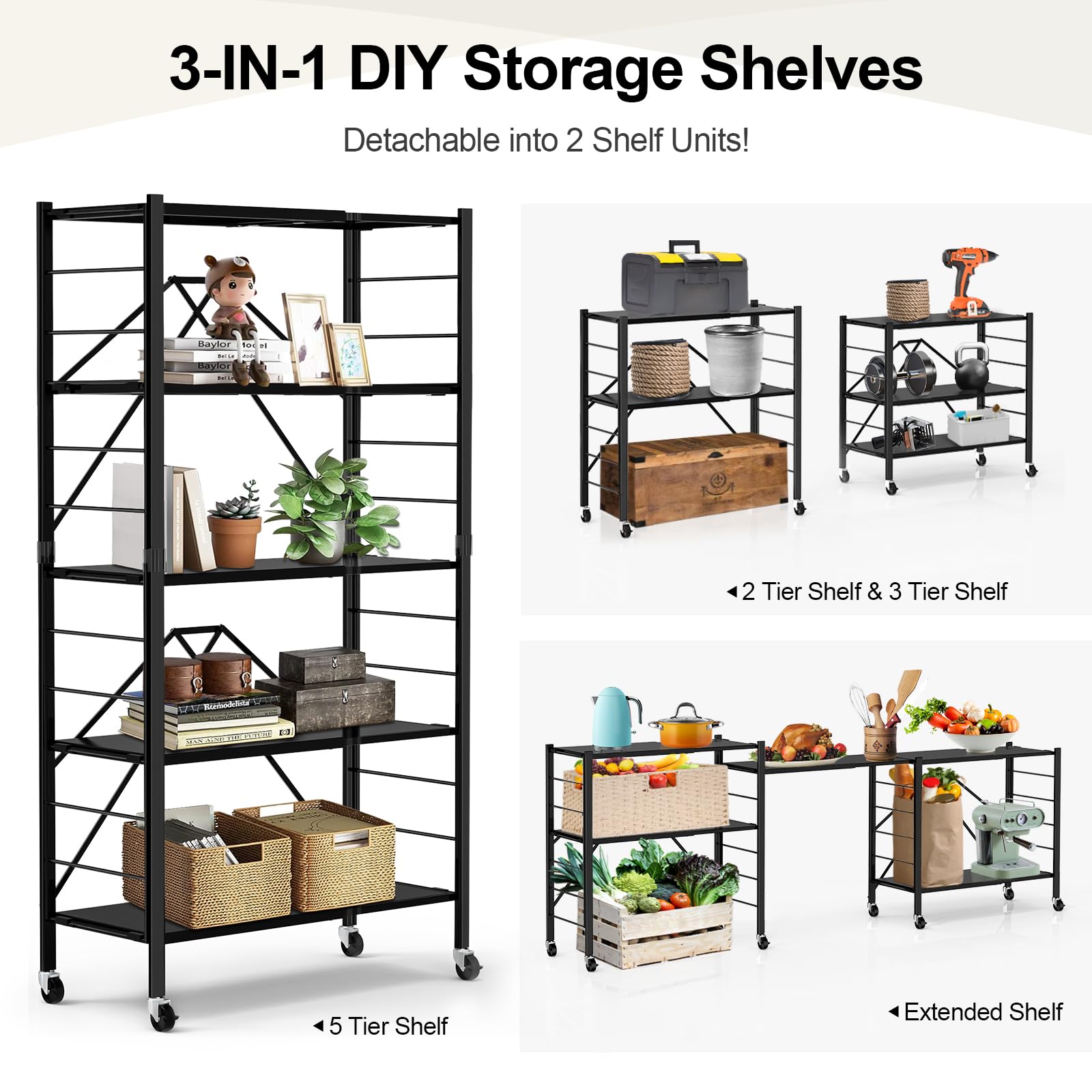 5 Tier Foldable Storage Shelves, Expandable Folding Shelving Units with Wheels, Changeable into 2 Shelf Units, Collapsible Adjustable Storage Rack Metal Shelves for Storage, Pantry, Garage, Kitchen