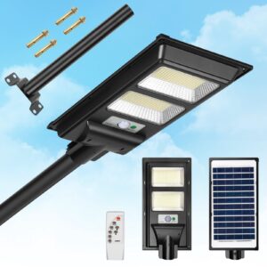 solar powered street light 6000 lumens, 560led flood security lights with remote control, dusk to dawn, solar outdoor lighting with motion sensor, ip65 waterproof for yard, 400w