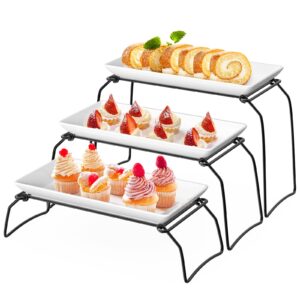 bumusty 3-tier plastic serving tray set, 11.5" platters with 3 collapsible metal stand display for cupcakes, serving food, dessert, fruit, microwave-safe, black