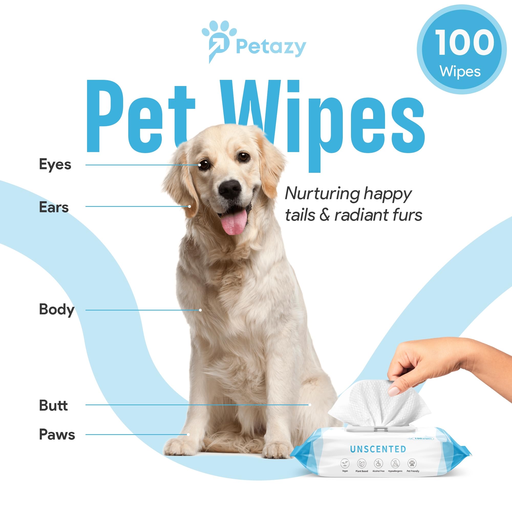 Petazy 100 Dog Wipes for Paws and Butt Ears Eyes Unscented | Organic Hypoallergenic Pet Wipes for Dogs with Aloe Vera | Dog Wipes Cleaning Deodorizing | Extra Thick Dog Paw Wipes Dogs Cat Puppy Pets