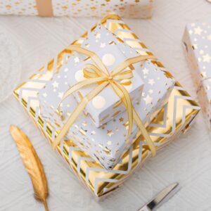 Homeral Christmas Wrapping Paper Roll - White and Gold Foil Polka Dot, Star, Wave Luxury Metallic Shine Gift Wrap Paper for Christmas, Birthday, Wedding - 3 Rolls - 17 x 120 Inch Per Roll