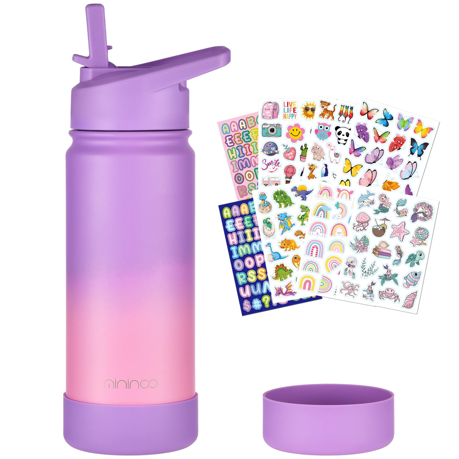 Mininoo Kids Water Bottle for School, 16oz Stainless Steel Insulated Water Bottle Kids with Straw Lid for Girls, Boys (Purple/Pink)