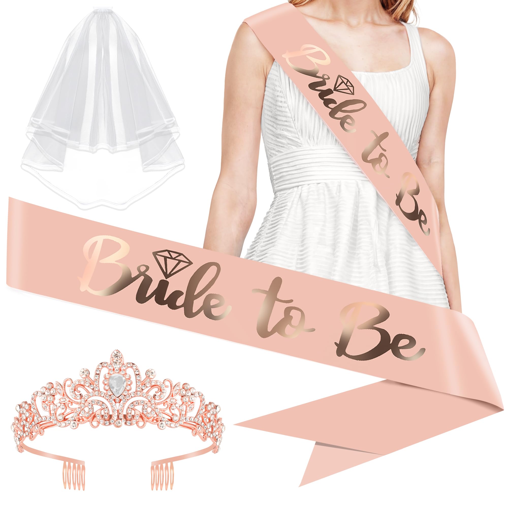 KatchOn, Rose Gold Bride to Be Set - Pack of 5 | Bride to Be Sash for Bachelorette Party Decorations | Bride to Be Sash and Veil | Bridal Shower Decorations | Bachelorette Party Favors, Bride Sash