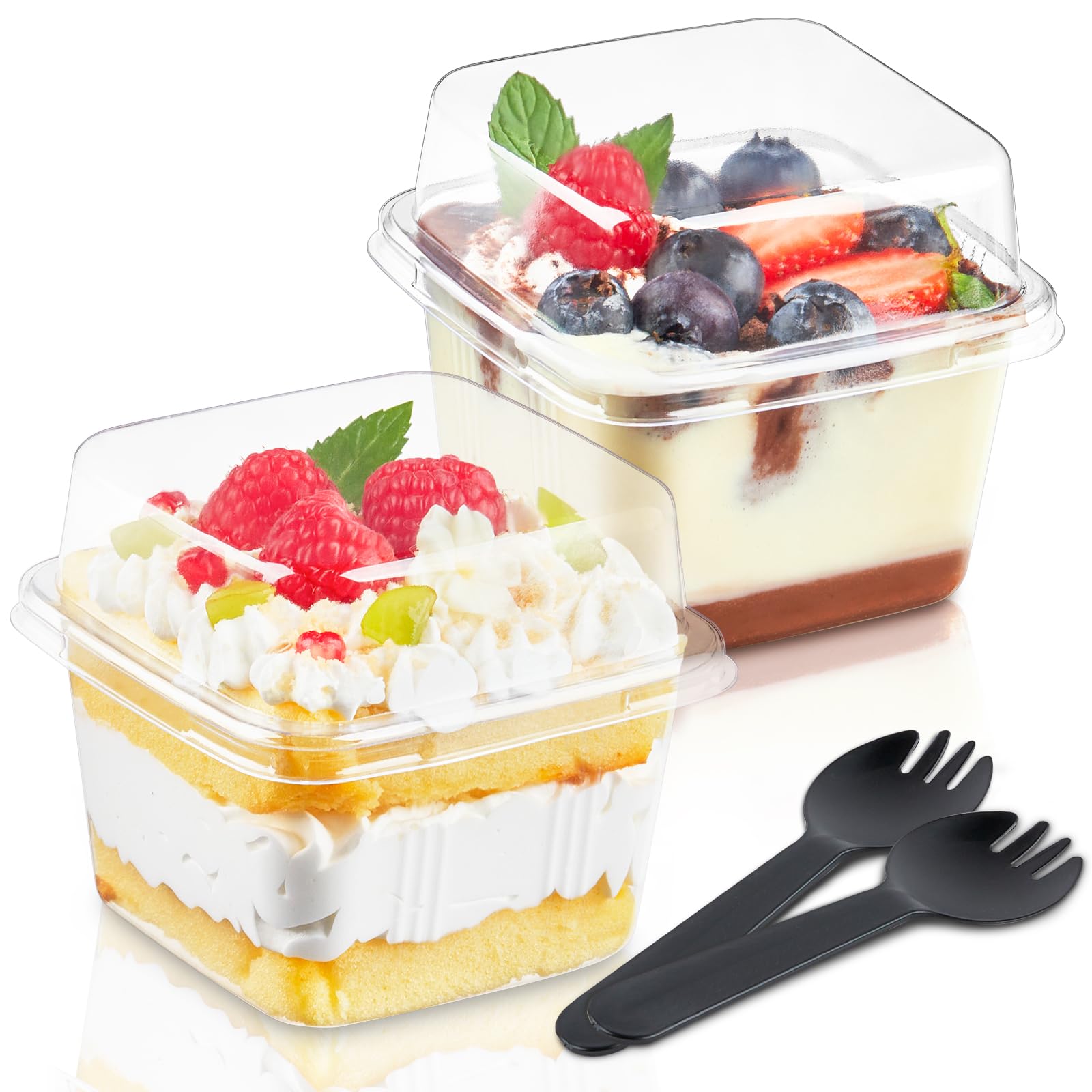 Kucoele 50 Pack 8 oz Plastic Dessert Cups with Lids and Sporks, Clear Square Cake Cups Dessert Containers for Pudding Parfait Fruit Yogurt and Shortcake