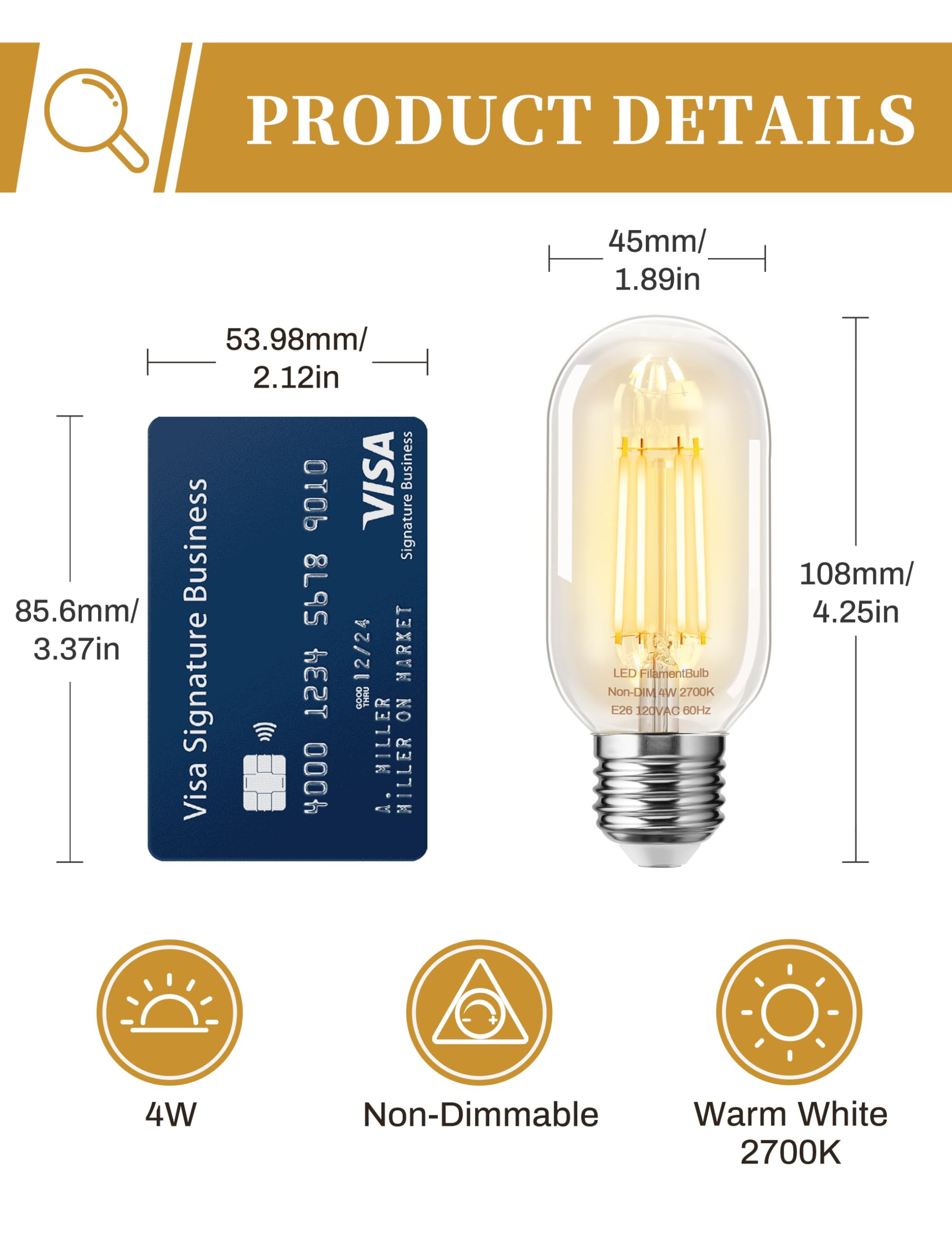 4 Pack LED Edison Bulbs, 4W Edison Light Bulbs, Antique LED Filament Bulbs 40W Equivalent, E26 Base, T45 LED Bulb with Clear Glass, Warm White 2700K, Non Dimmable, Great for Home, Bedroom, Office