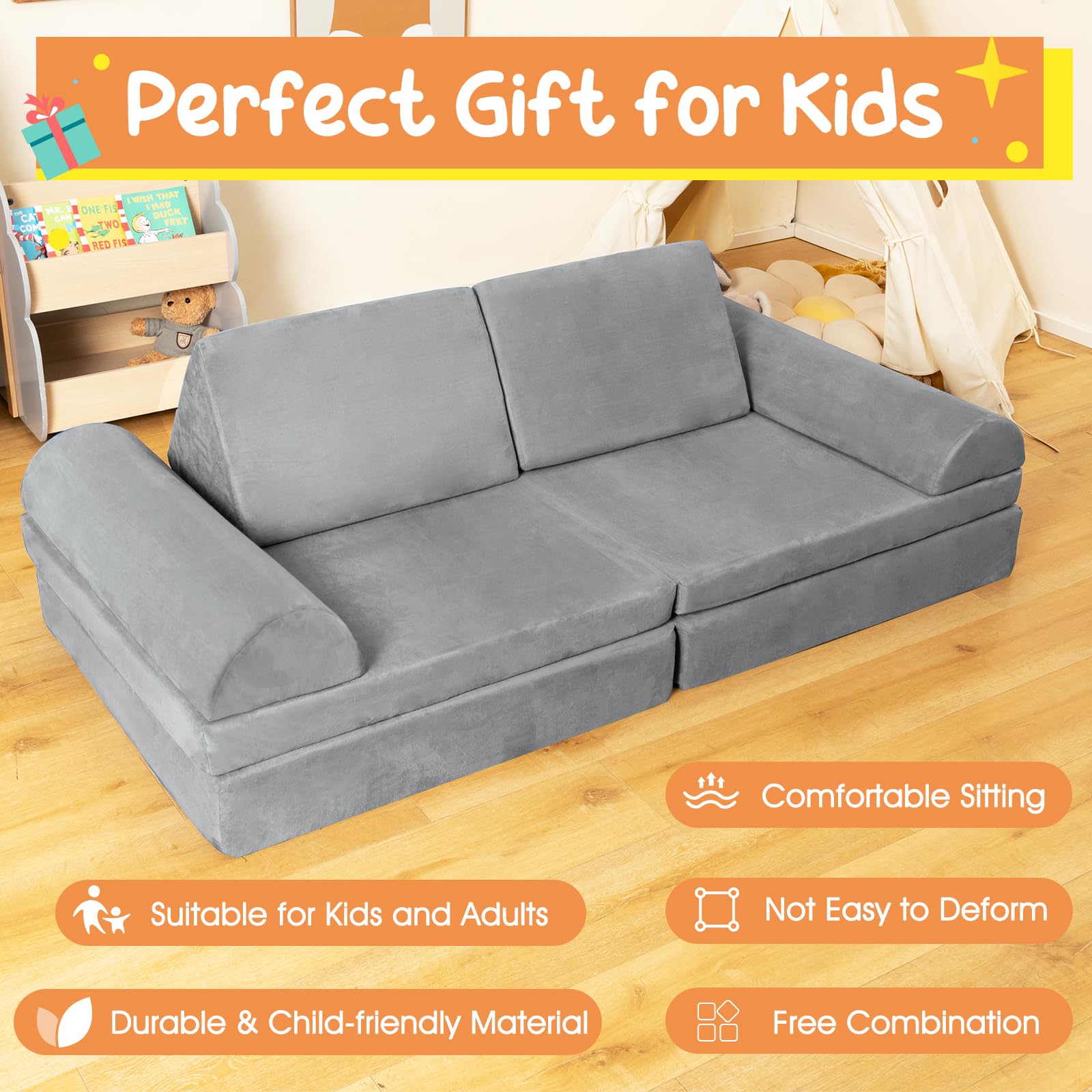 Costzon Kids Play Couch Sofa, Large Modular Folding Sofa Building Fort Playset with Handle, Machine-Washable Cover, Convertible Foam Cushion for Playroom Bedroom Boys Girls Gifts (8-Piece, Gray)