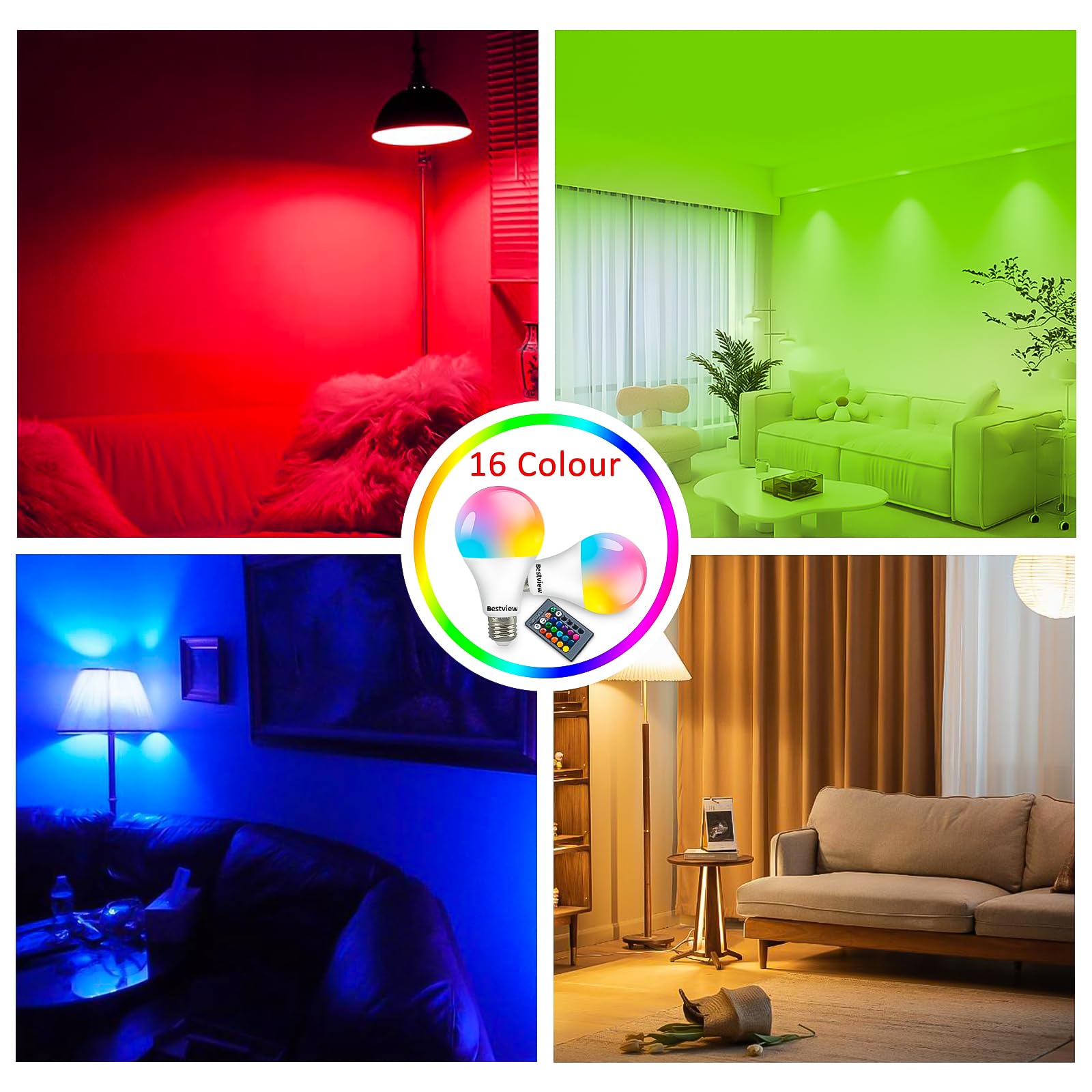 Bestview RGB LED Light Bulb, Color Changing Light Bulbs with Remote Control, RGBW Warm White 5W E27 Screw Base,Mood Light Flood E26 Light Bulb-16 Color Choices for Home Party Bedroom Outdoor(2 Pack)