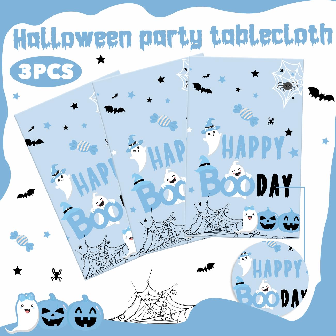 PATIAI 3 Pack Halloween Happy Boo Day Tablecloths Blue Halloween Pumpkin Ghost Rectangular Plastic Table Cover for Halloween Baby Shower Birthday Party Decorations(71 x 43 Inches)