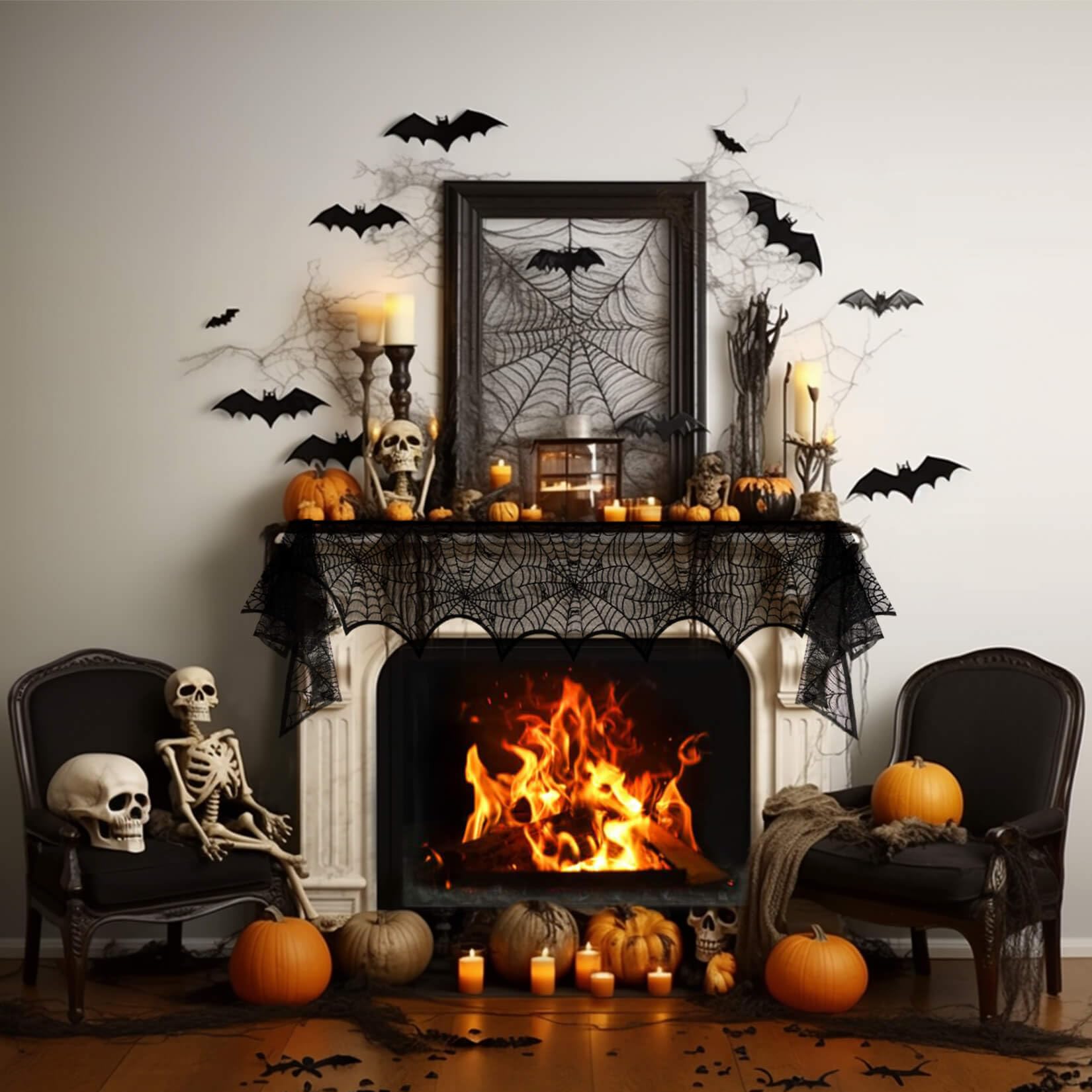 Halloween Party Decorations Indoor - Halloween Decor Set included Spider Web Fireplace Scarf Spider Web Table Runner And Cobweb Lampshade Perfect for Halloween Home Party Supplies Spider Web Decorati