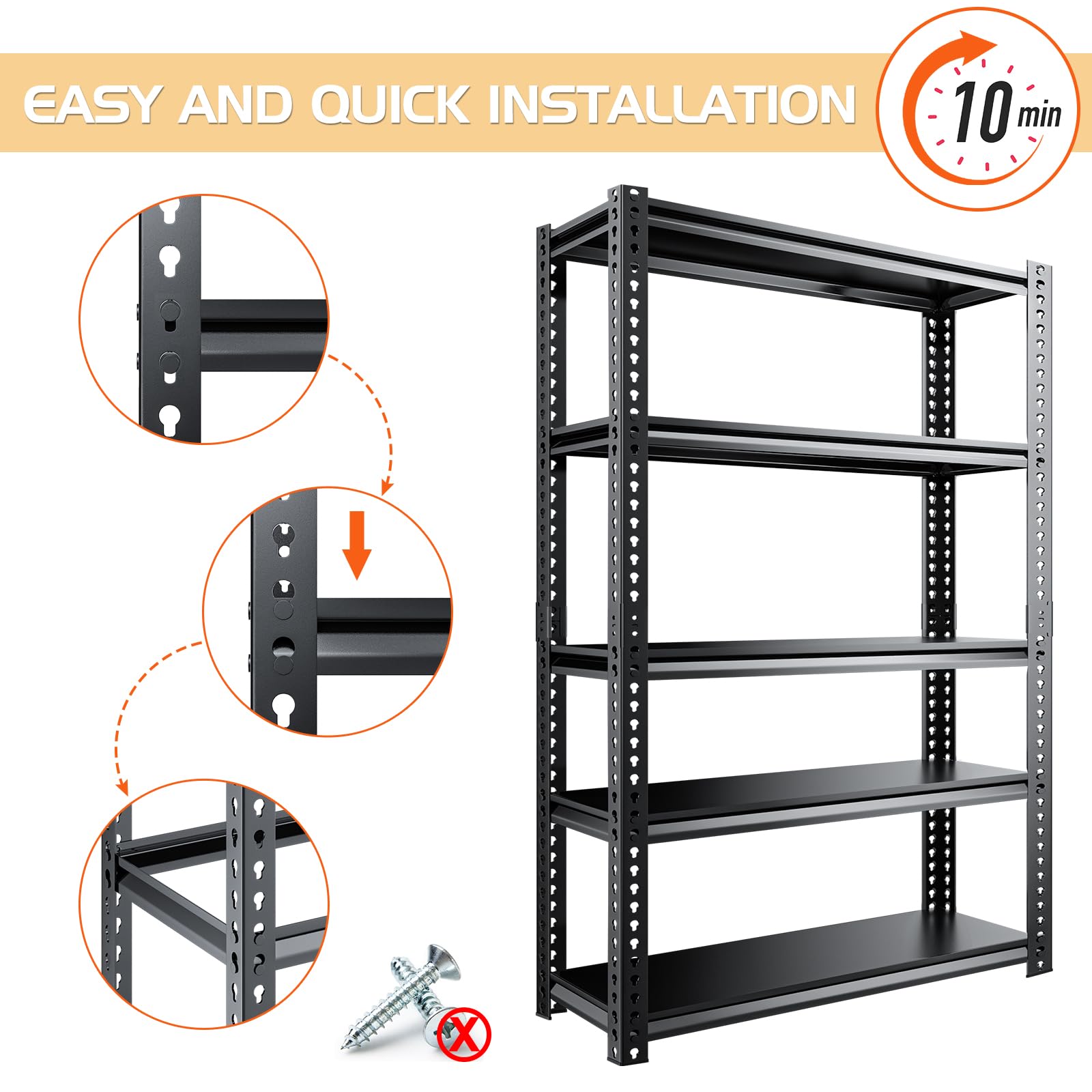 LILYPELLE 2-Pack Heavy Duty Garage Shelving, 72" Metal, Adjustable 5 Tier Storage Shelves, 2000lbs Capacity, Black