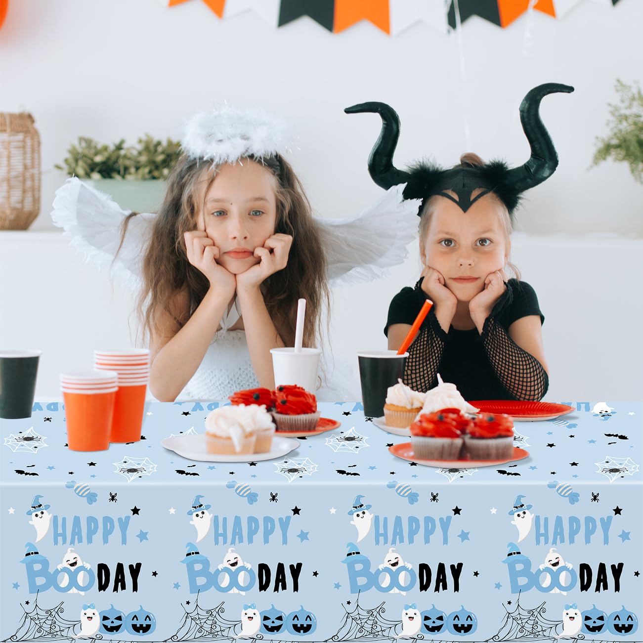 PATIAI 3 Pack Halloween Happy Boo Day Tablecloths Blue Halloween Pumpkin Ghost Rectangular Plastic Table Cover for Halloween Baby Shower Birthday Party Decorations(71 x 43 Inches)