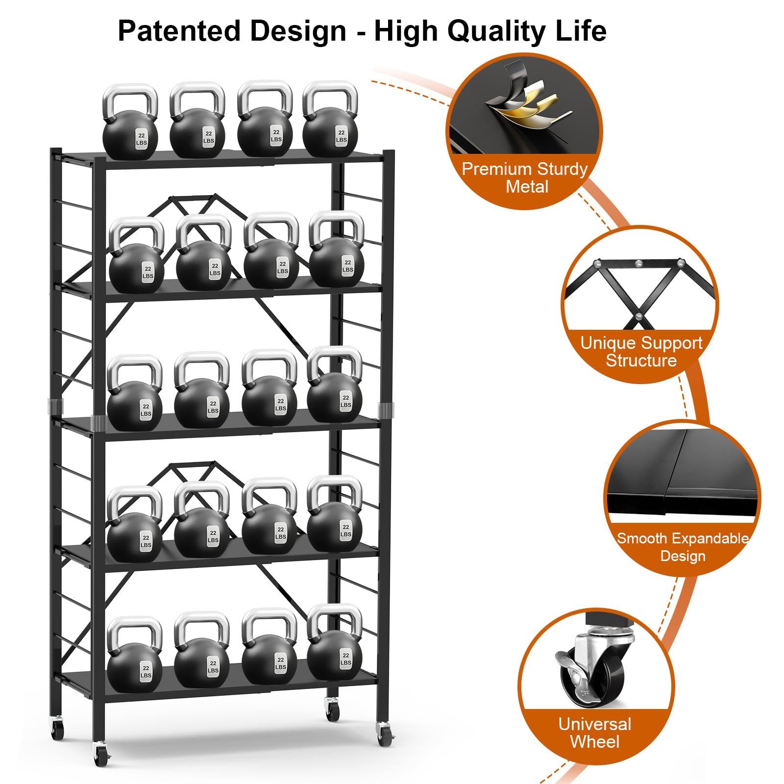 5 Tier Foldable Storage Shelves, Expandable Folding Shelving Units with Wheels, Changeable into 2 Shelf Units, Collapsible Adjustable Storage Rack Metal Shelves for Storage, Pantry, Garage, Kitchen