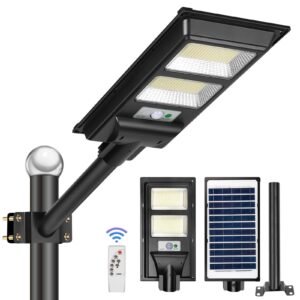 solar powered street light 6000 lumens, 560led flood security lights with remote control, dusk to dawn, solar outdoor lighting with motion sensor, ip65 waterproof for yard, 400w