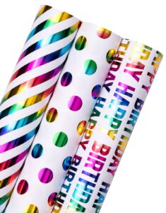 wrapaholic birthday wrapping paper roll - mini roll - 3 rolls - 17 inch x 120 inch per roll - colorful foil birthday design for party, holiday, baby shower