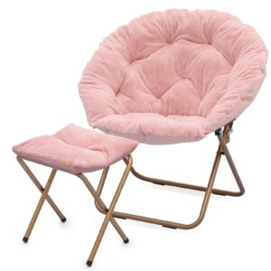 monibloom round folding faux fur saucer chair for bedroom living room dorm foldable metal frame oversized large comfy furry padded soft cozy moon chair with footrest ottoman for adults (pink)