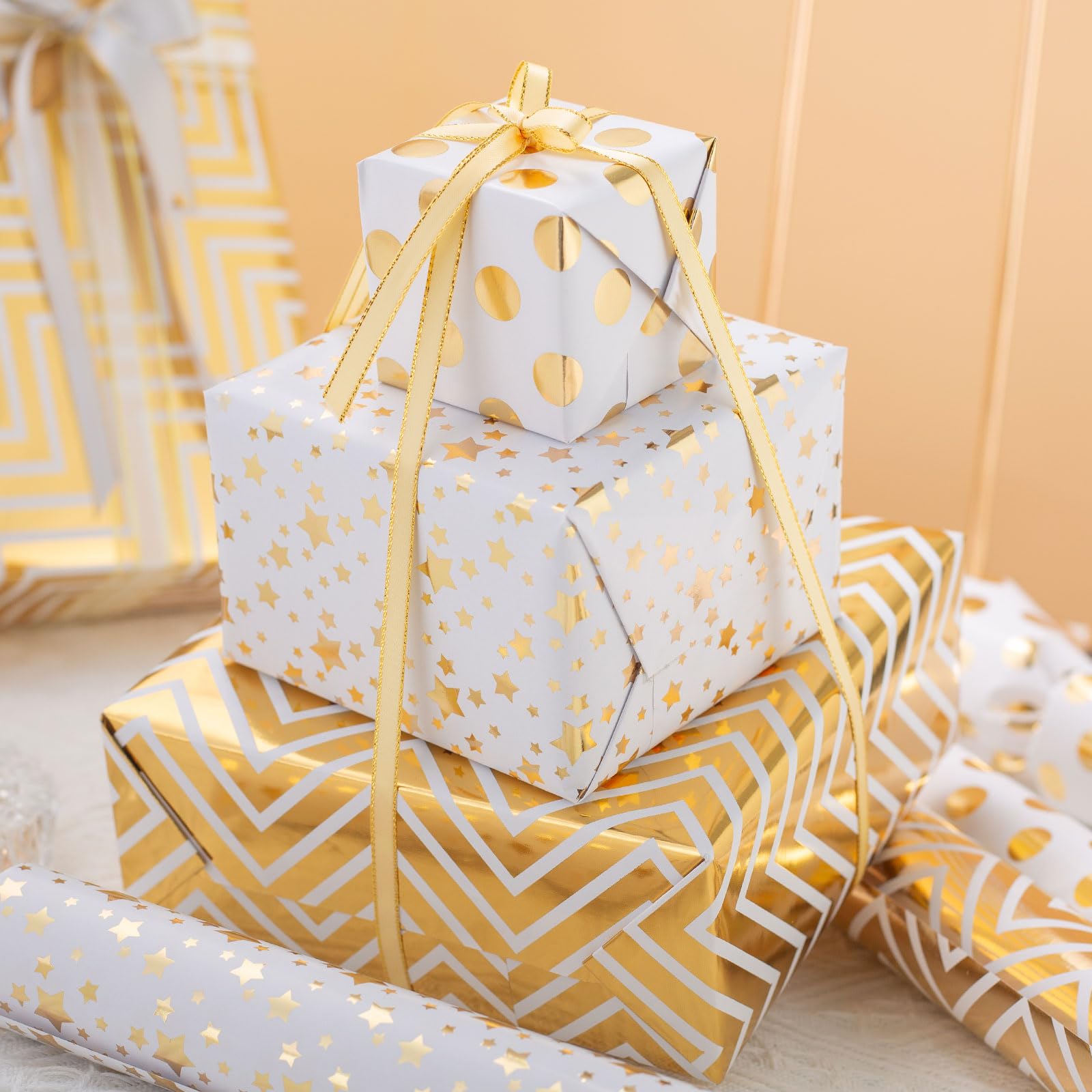 Homeral Christmas Wrapping Paper Roll - White and Gold Foil Polka Dot, Star, Wave Luxury Metallic Shine Gift Wrap Paper for Christmas, Birthday, Wedding - 3 Rolls - 17 x 120 Inch Per Roll