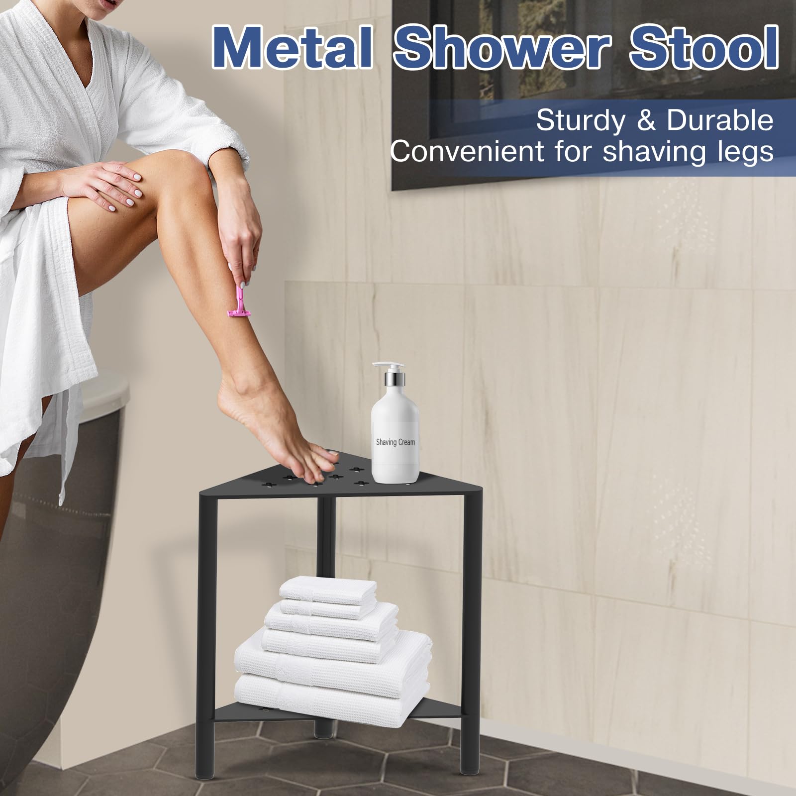 Gyykzz Metal Corner Shower Stool for Shaving Legs, Shower Stool for Inside Shower Waterproof, Bathroom Shower Corner Stool Small Step Stool, Matte Black Shower Foot Stool with Non-Slip Rubber Mat