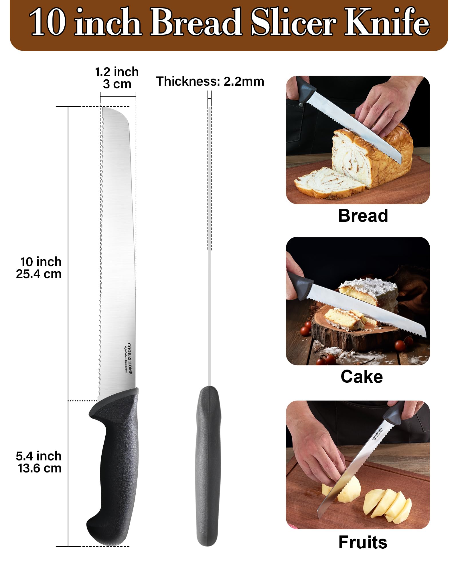 Cook N Home Bread Slicer Knife 10-Inch, Wavy Serrated High Carbon Stainless Steel Sharp Kitchen Knife, Ergonomic Handle, Black