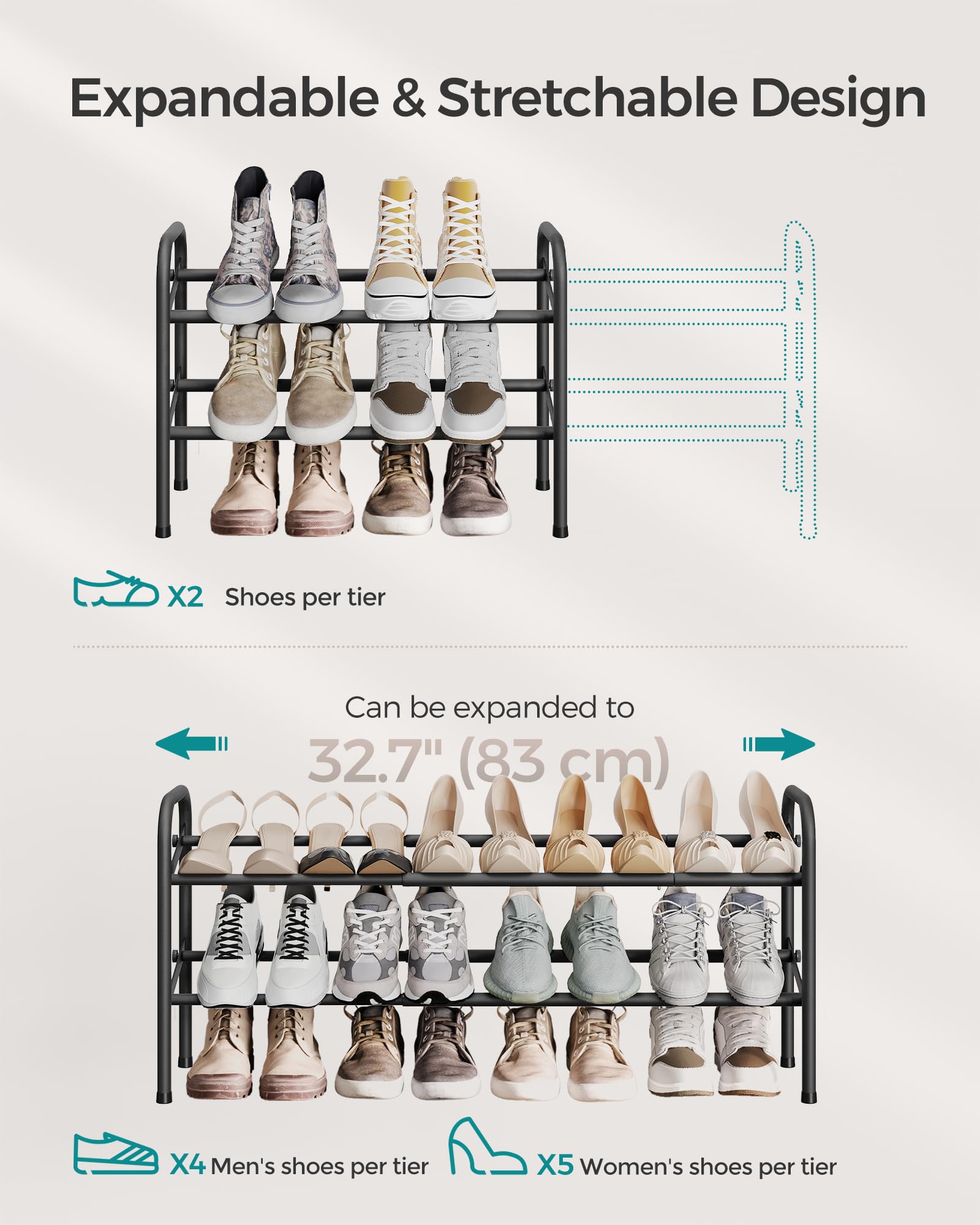 SONGMICS Expandable Shoe Rack, 2 Tier Shoe Rack Shelf, Adjustable Shoe Organizer Storage for 15 Pairs of Shoes, Metal Free Standing Shoe Racks for Closet, Front Door Entryway, Easy Assembly, Ink Black