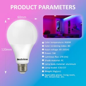 Bestview RGB LED Light Bulb, Color Changing Light Bulbs with Remote Control, RGBW Warm White 5W E27 Screw Base,Mood Light Flood E26 Light Bulb-16 Color Choices for Home Party Bedroom Outdoor(2 Pack)