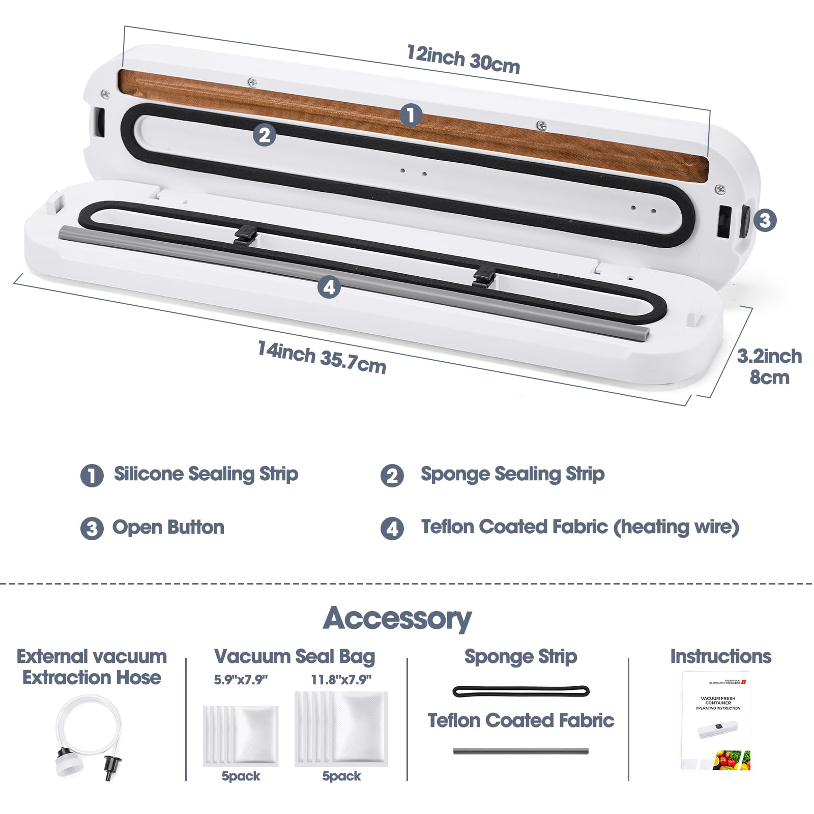 Metronic Vacuum Sealer Machine, Powerful 4-in-1 Food Vaccum Sealer Machine Set, Dry & Moist Food Preservation Modes with 10 Bags, Air Suction Hose, LED Indicator Lights, Compact Bag Sealer White