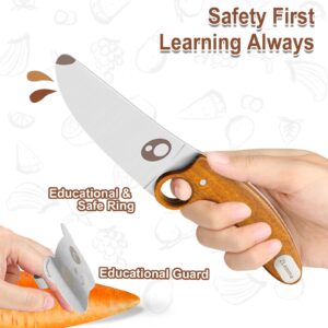 ZLemma Kids Knife Set for Real Cooking with Sharped Blade for Children, Finger Guard & Educational Ring for Cutting Trainning, Rosewood Handle & Stainless Steel Blade Sharped Edge