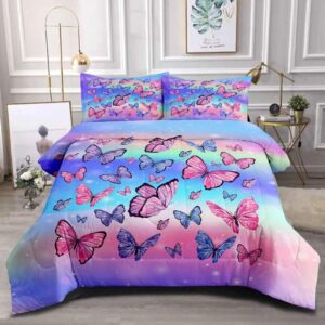 grat tioc girls rainbow butterfly comforter set twin size,teen girls butterfly bedding set,glitter butterfly bed set soft lightweight microfiber bedroom decorations with 2 pillowcases