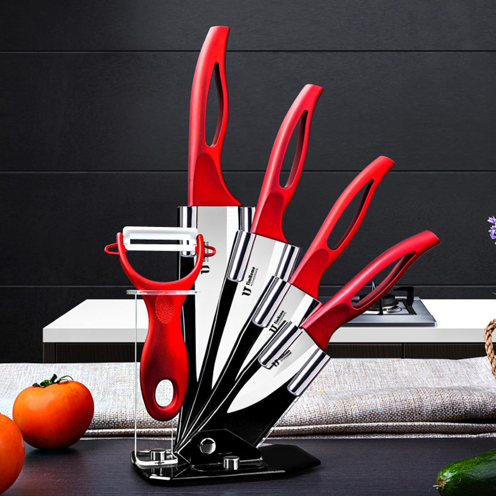 Kitchen Knife Set, 6 Pieces Ceramics Knife Set with Block, Professional Chef Knife Set with Acrylic Stand, Sharp Nonstick Cooking Knife Set with Nonslip handle for Home Family Restaurant (Red)