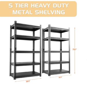 LILYPELLE 2-Pack Heavy Duty Garage Shelving, 72" Metal, Adjustable 5 Tier Storage Shelves, 2000lbs Capacity, Black