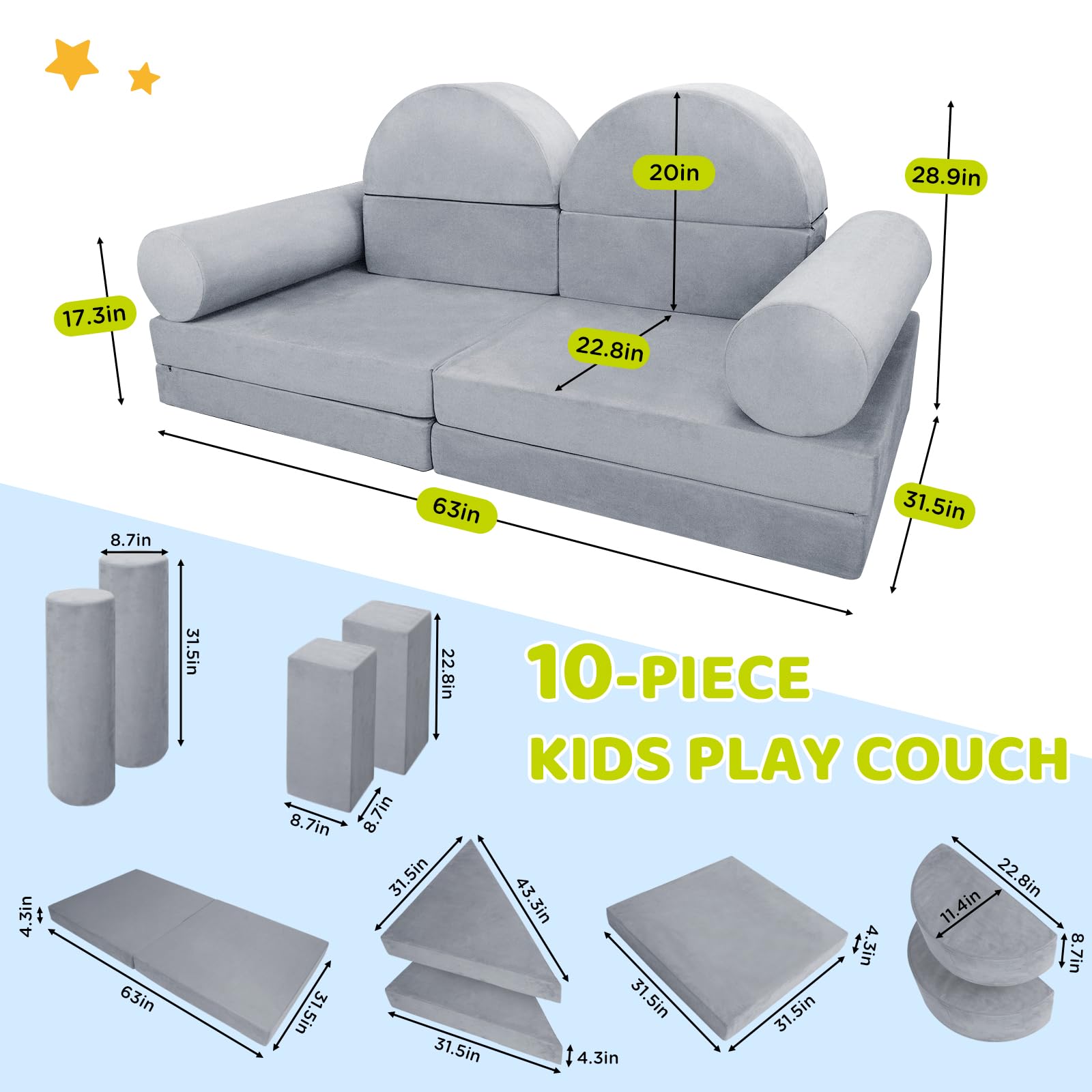 DREAMANIA Modular Play Couch for Kids Toddler Teens, Premium Kids Sofa for Boys Girls, Ideal DIY Gift for Creativing Playroom Couch for Playroom Bedroom Nursery, Grey