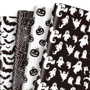 whaline 12 sheet halloween wrapping paper black white pumpkin ghost spider web pattern folded flat gift wrap paper 4 design art paper for halloween party diy craft gift packing, 19.7 x 27.6 inch